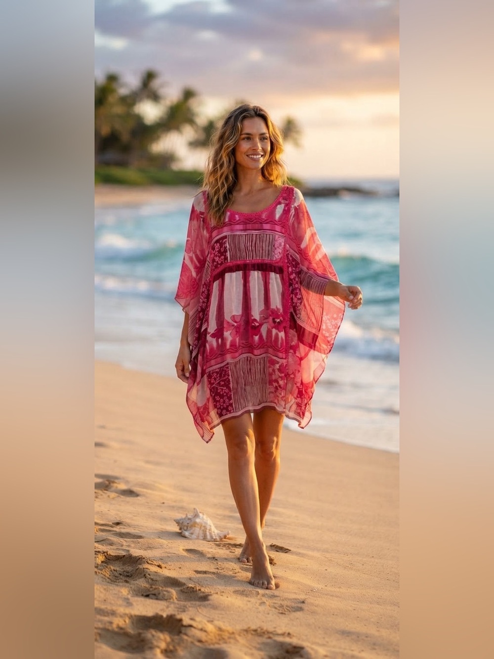 Pink Apple Dress Mumu Kaftan Sz 1X Plus Resort Wear Tab Sleeves Floral Applique
